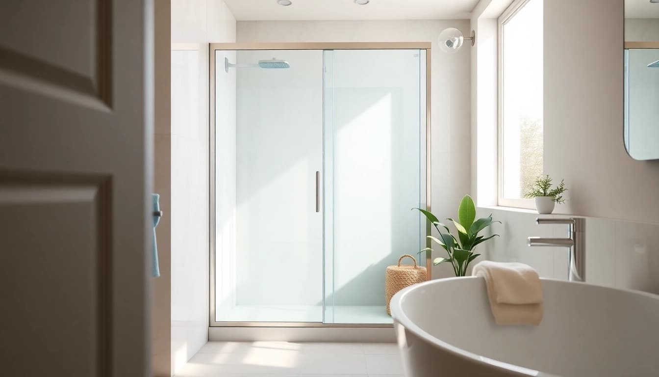 Beautiful shower sliding doors in a modern bathroom setting, highlighting elegance and functionality.