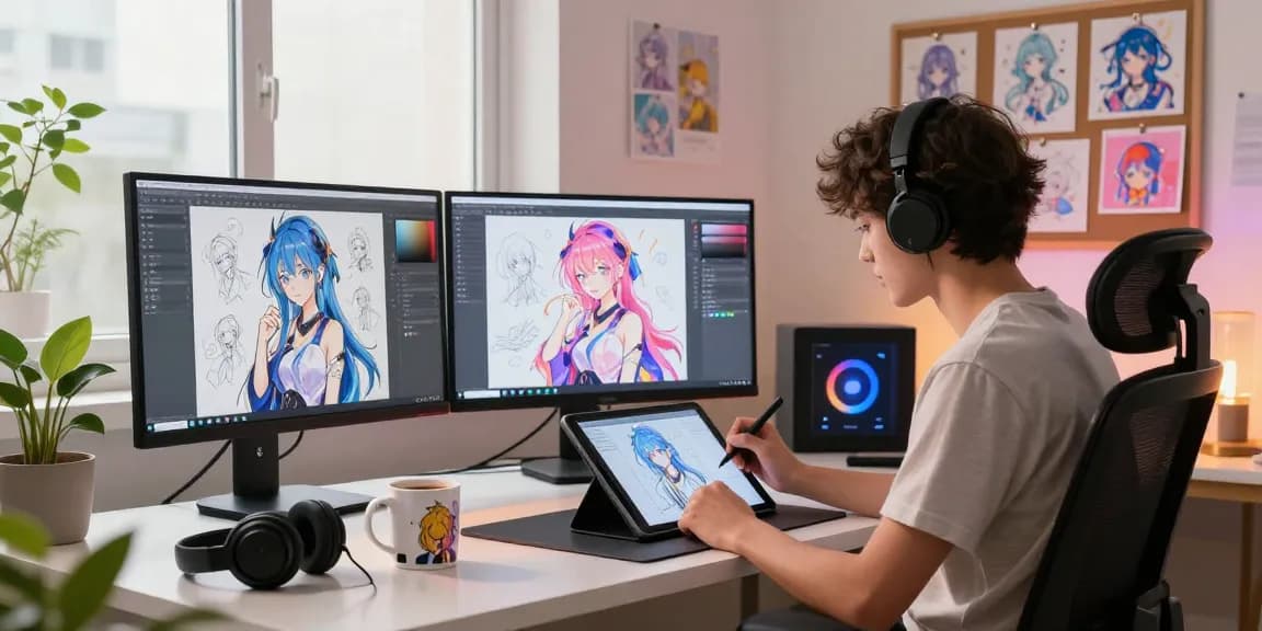 Creating ai ecchi character art in a cozy home studio with vibrant screens and natural light