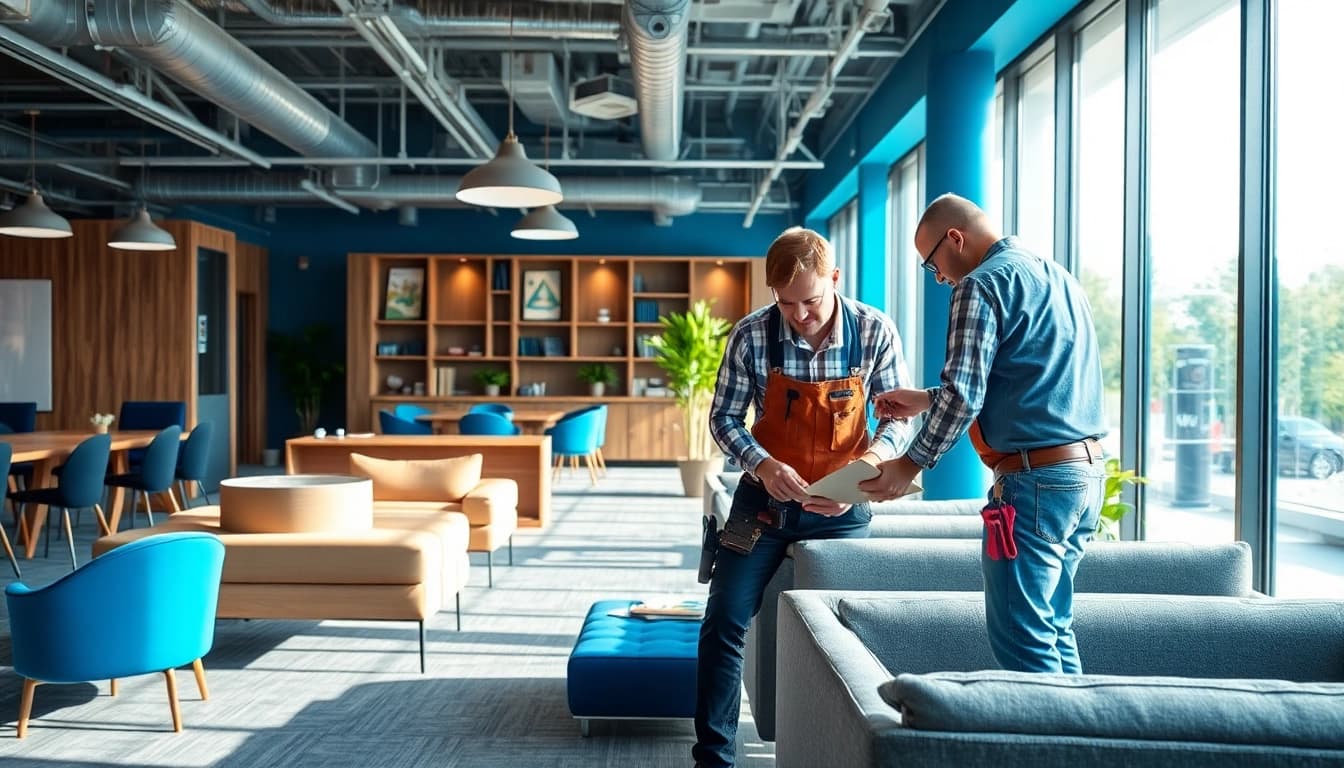 Office renovation contractor Austin enhancing a modern workspace with vibrant designs.