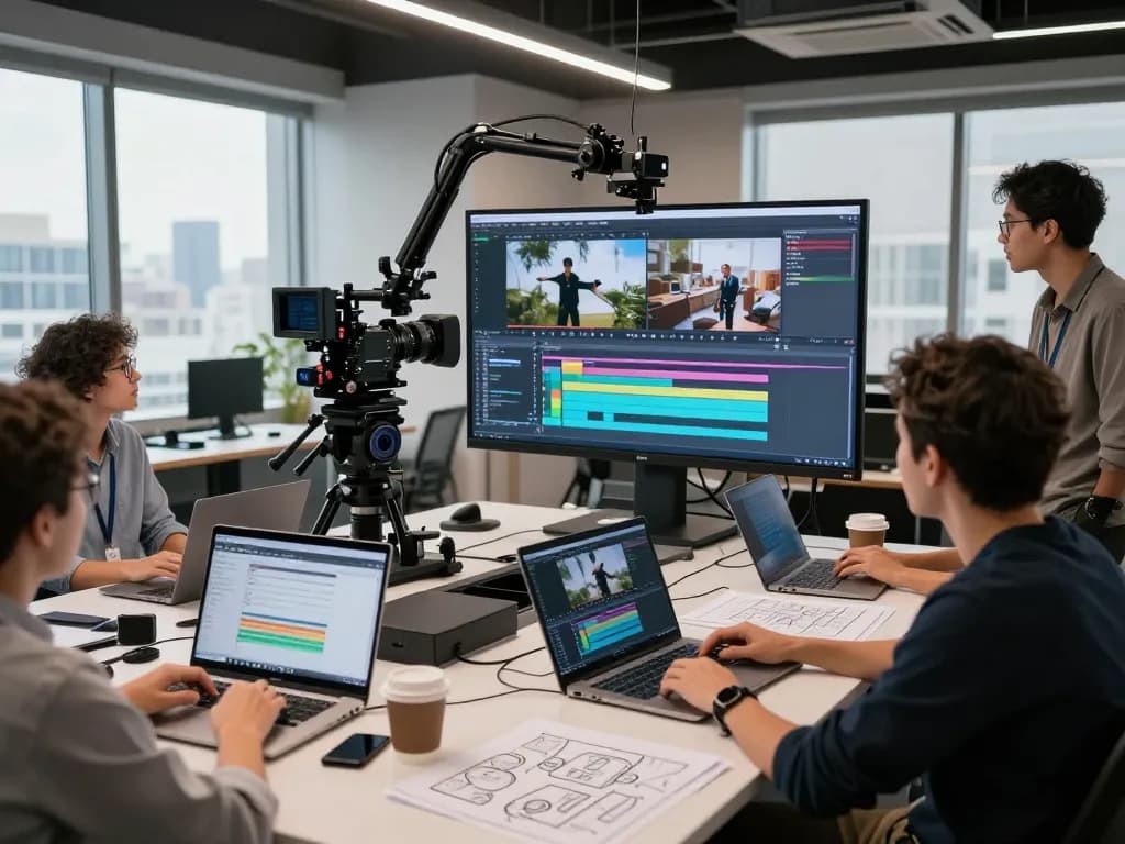 Dynamic video editing team utilizing mind control AI for seamless video production in an innovative workspace.