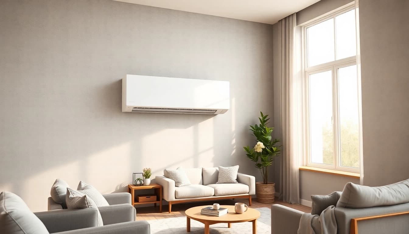 Mitsubishi mini split AC unit elegantly displayed in a modern living room environment.