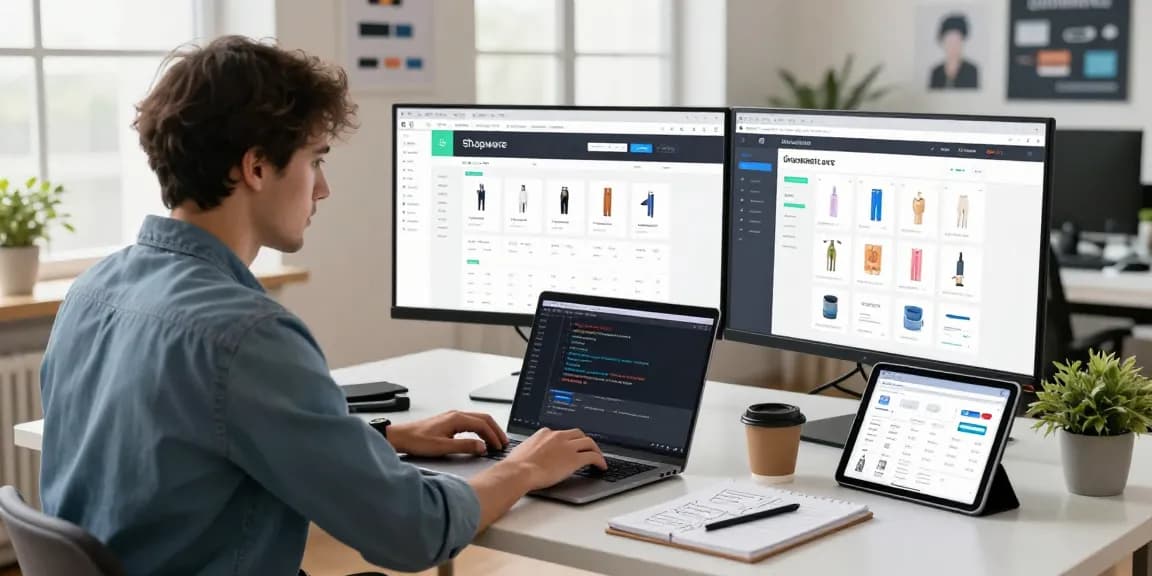 Web developer at SP Webconsulting optimizing a Shopware e-commerce site in a modern workspace.