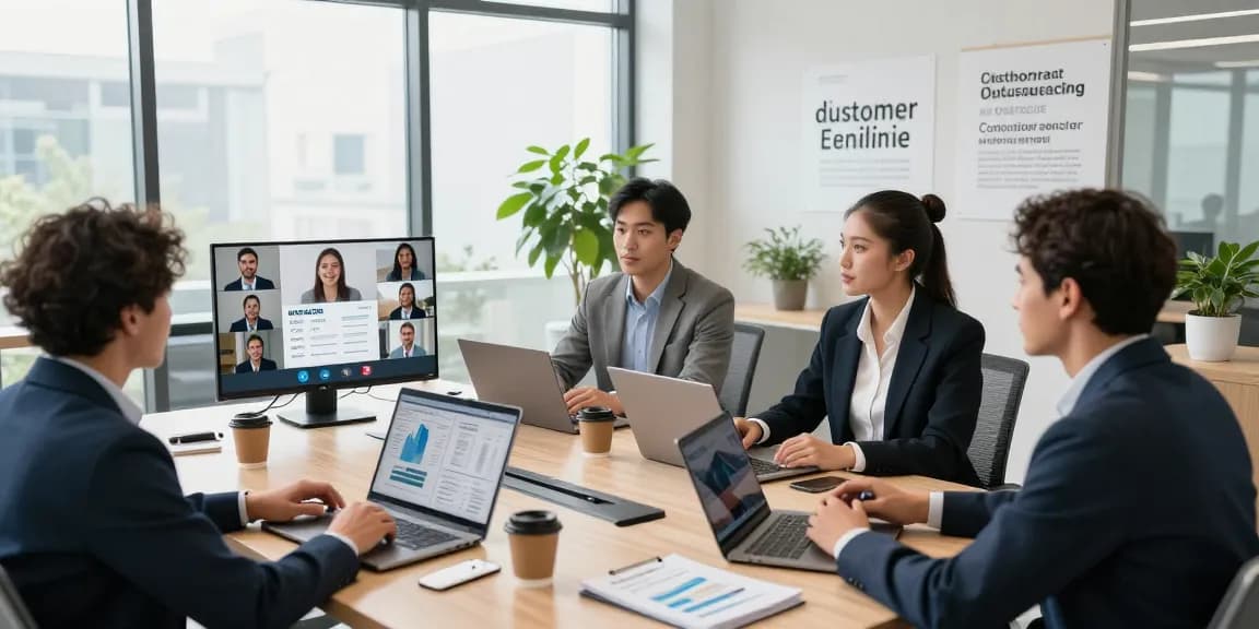 Customer service outsourcing discussion among diverse professionals in a modern office.