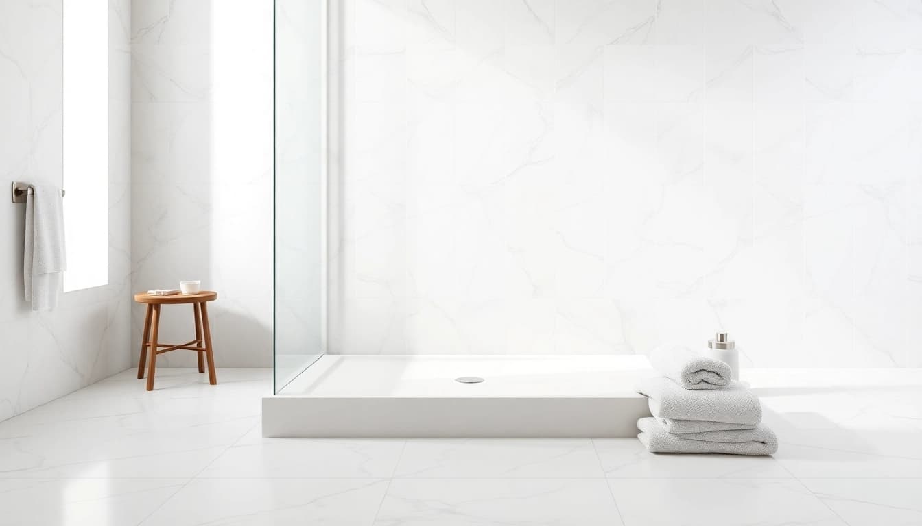 Showcase an elegant shower base shower set in a modern bathroom with rich textures and natural lighting.