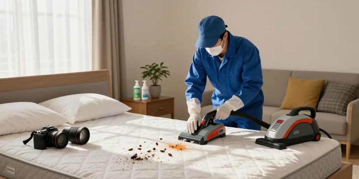 Expert bed bug removal process in a cozy bedroom with heat treatment technology.