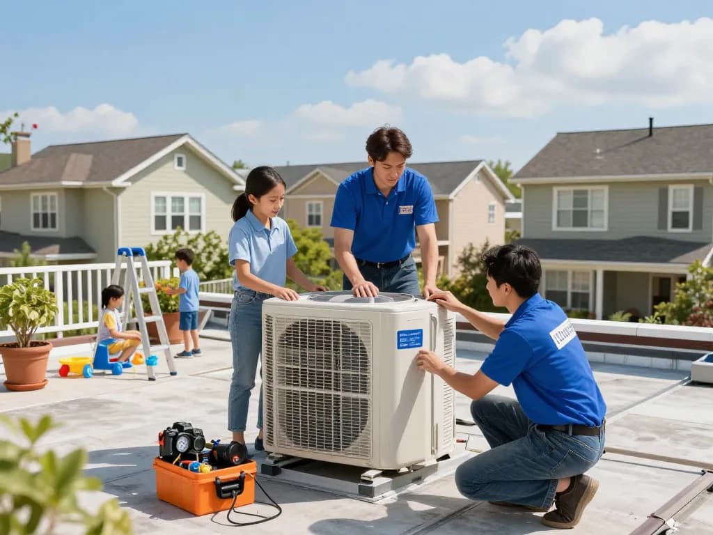HVAC technicians installing a residential air conditioning unit, showcasing trust and expertise in home services.