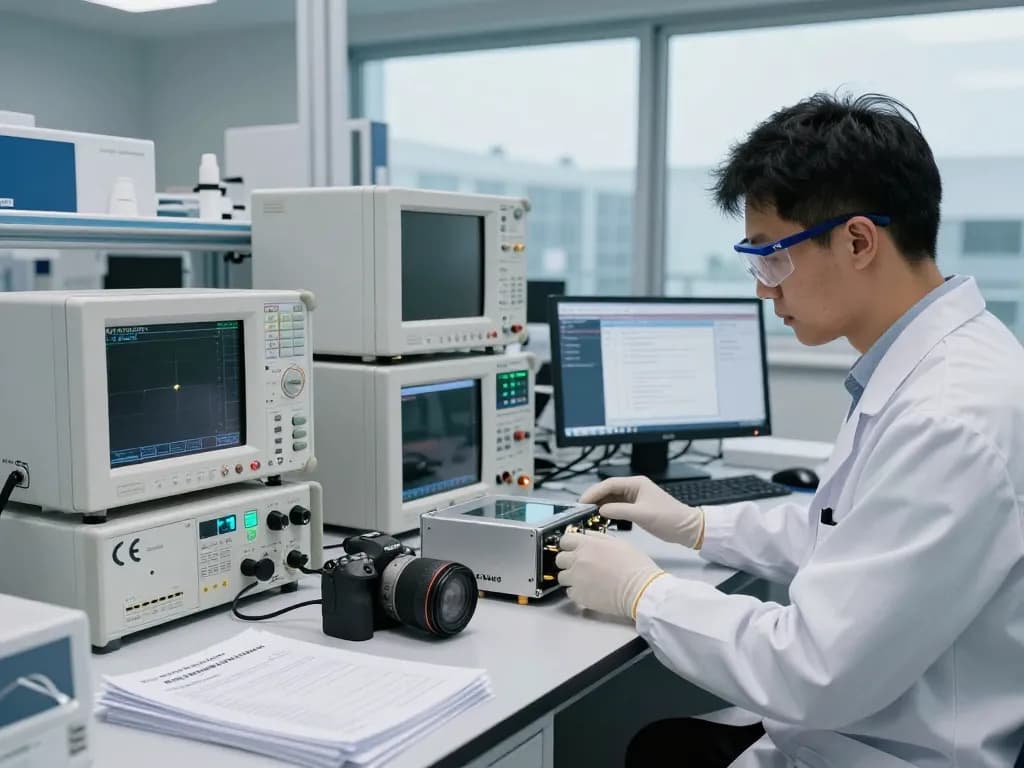 CE certification testing process in a modern laboratory environment with advanced equipment and professional engineer.