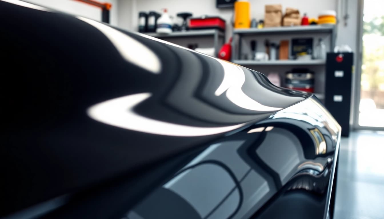 Auto detailing Cleveland TN showcasing a polished car in a bright garage environment with detailing tools.