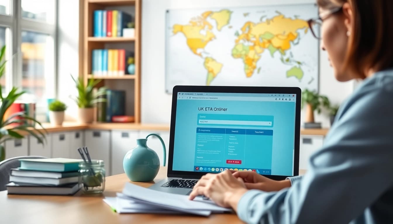 User completing the uk eta online application on a laptop in a bright office.