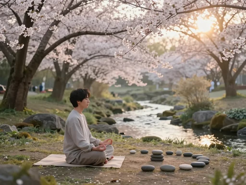 Individual meditating in serene garden, embodying positive thinking guidance through mindfulness and reflection.