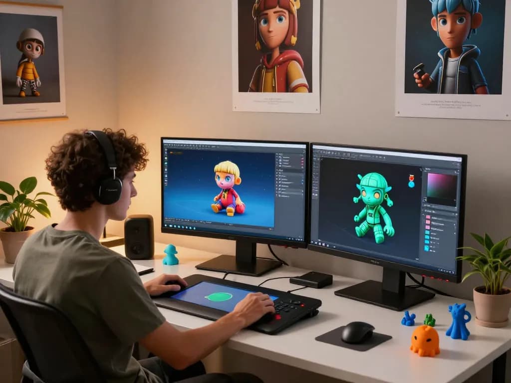 Digital artist using a 3D Model generator in a creative workspace filled with vibrant designs and 3D printed models.