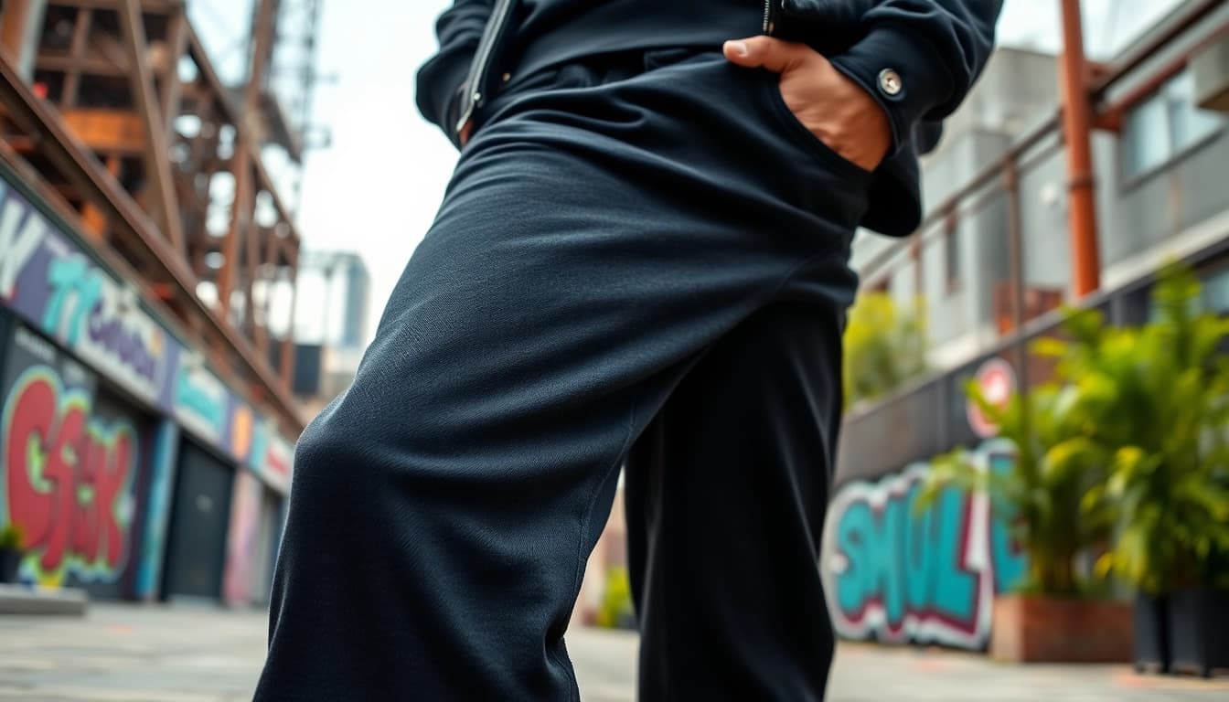 A fashionable individual showcases baggy black jeans against an urban backdrop, blending style with street art.