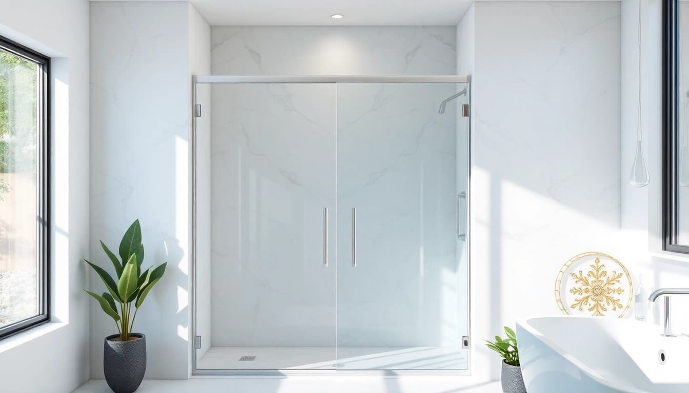 Sliding shower doors enhancing a modern bathroom with elegant marble decor and natural lighting.