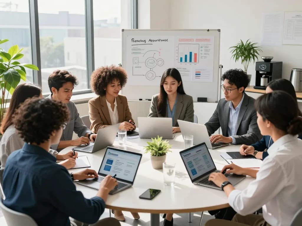 Team of staffing professionals collaborating in a bright corporate office, showcasing effective staffing agencies strategies.