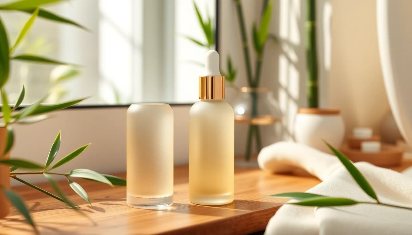 Bakuchiol serum bottle on a wooden vanity surrounded by greenery, showcasing organic skincare.