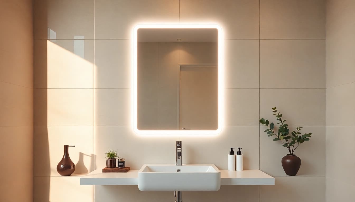 Admiring the elegant led mirror illuminating a stylish bathroom with modern décor.