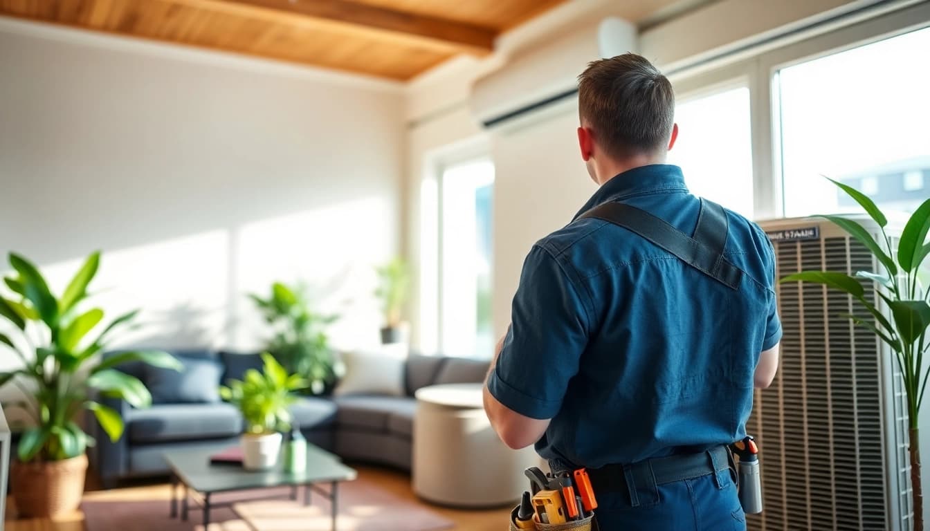 Technician expertly installs American Standard HVAC system in a modern living room.