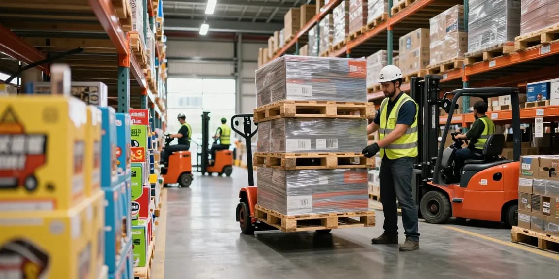 Warehouse operator using a pallet truck to lift goods, showcasing efficient material handling.