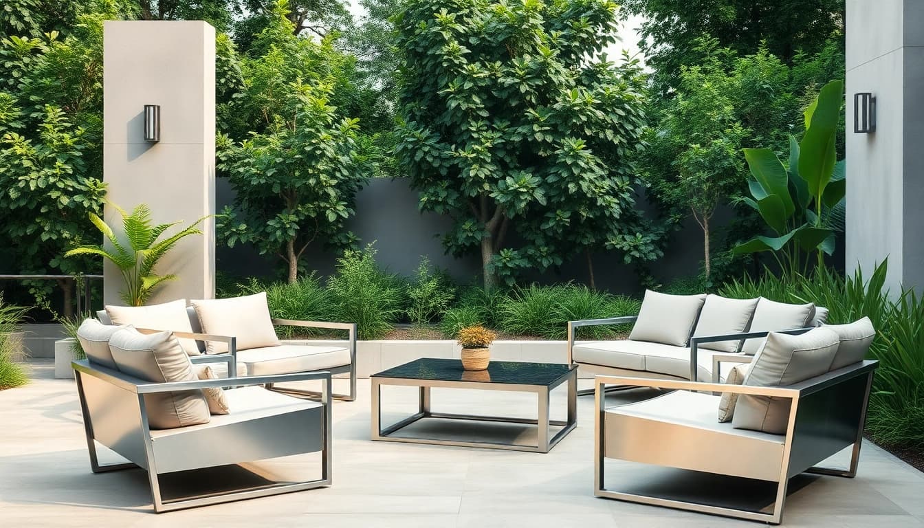 Showcase of stainless steel furniture set in a beautiful outdoor environment, highlighting its elegance.