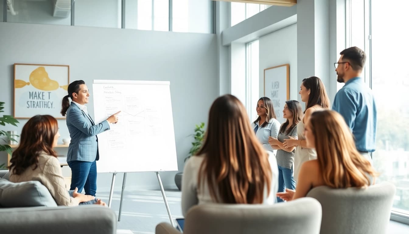 Engaging scene of business coaching near me fostering collaboration in a modern office.