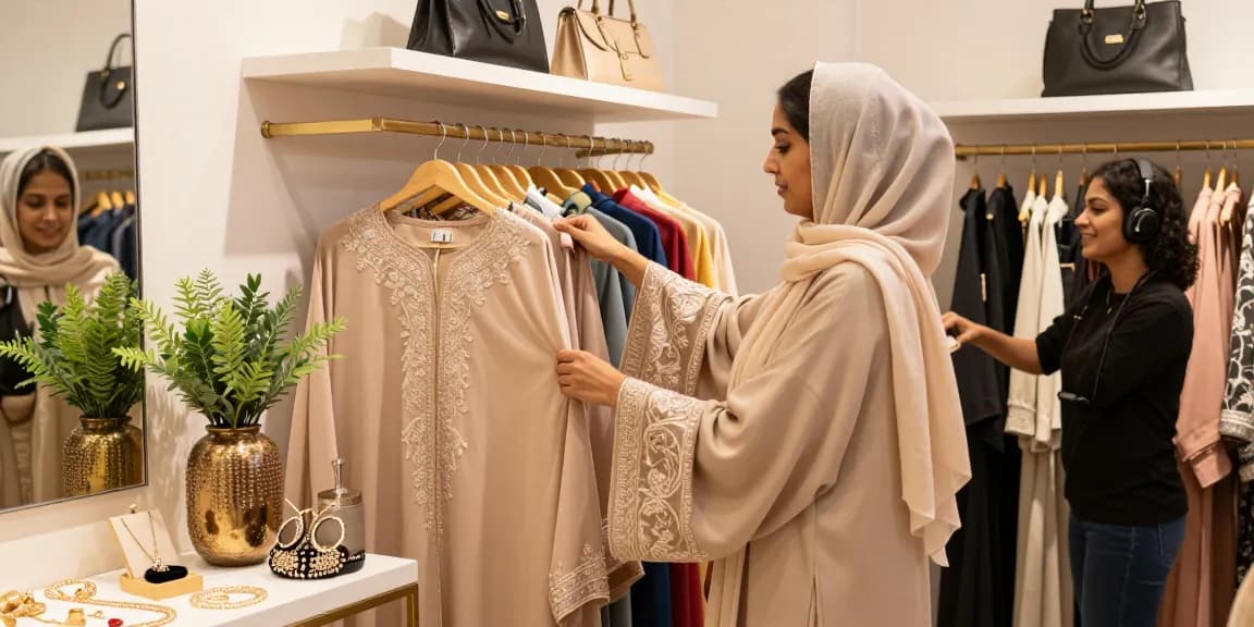 Stylish woman in embroidered abaya selecting hijabs in a chic boutique.