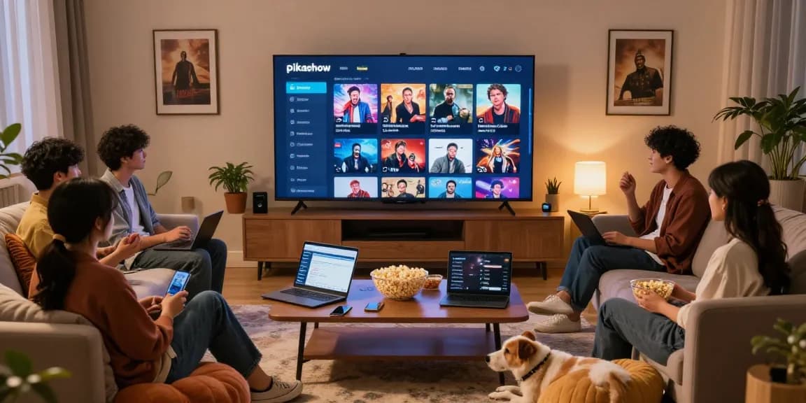 Pikashow streaming scene with friends enjoying a movie night in a cozy living room.
