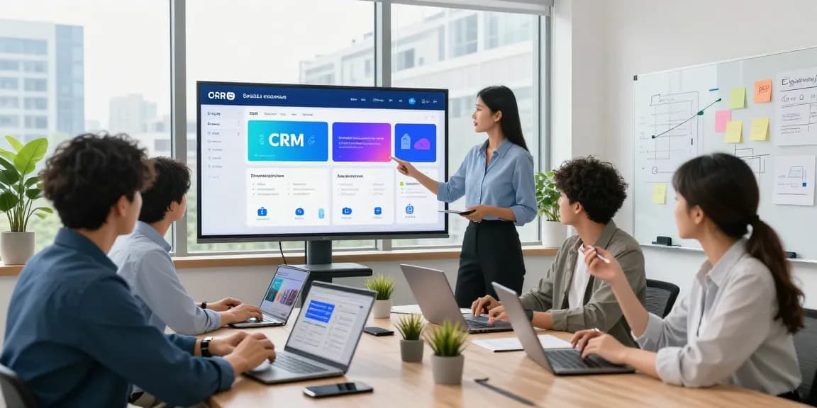 Diverse professionals collaborating in a modern office around a CRM with built-in marketplace, showcasing innovative software solutions.