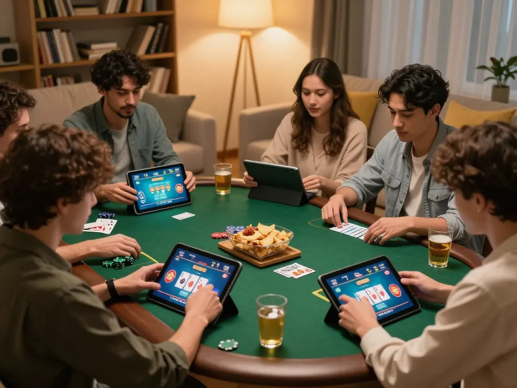 Friends enjoying online poker at home on tablets, featuring xo88 interfaces.