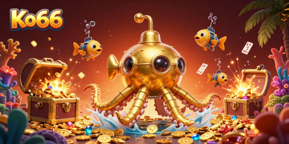 Engage with Ko66 in an exciting underwater treasure hunt featuring a golden kraken submarine amid gold coins and gems.