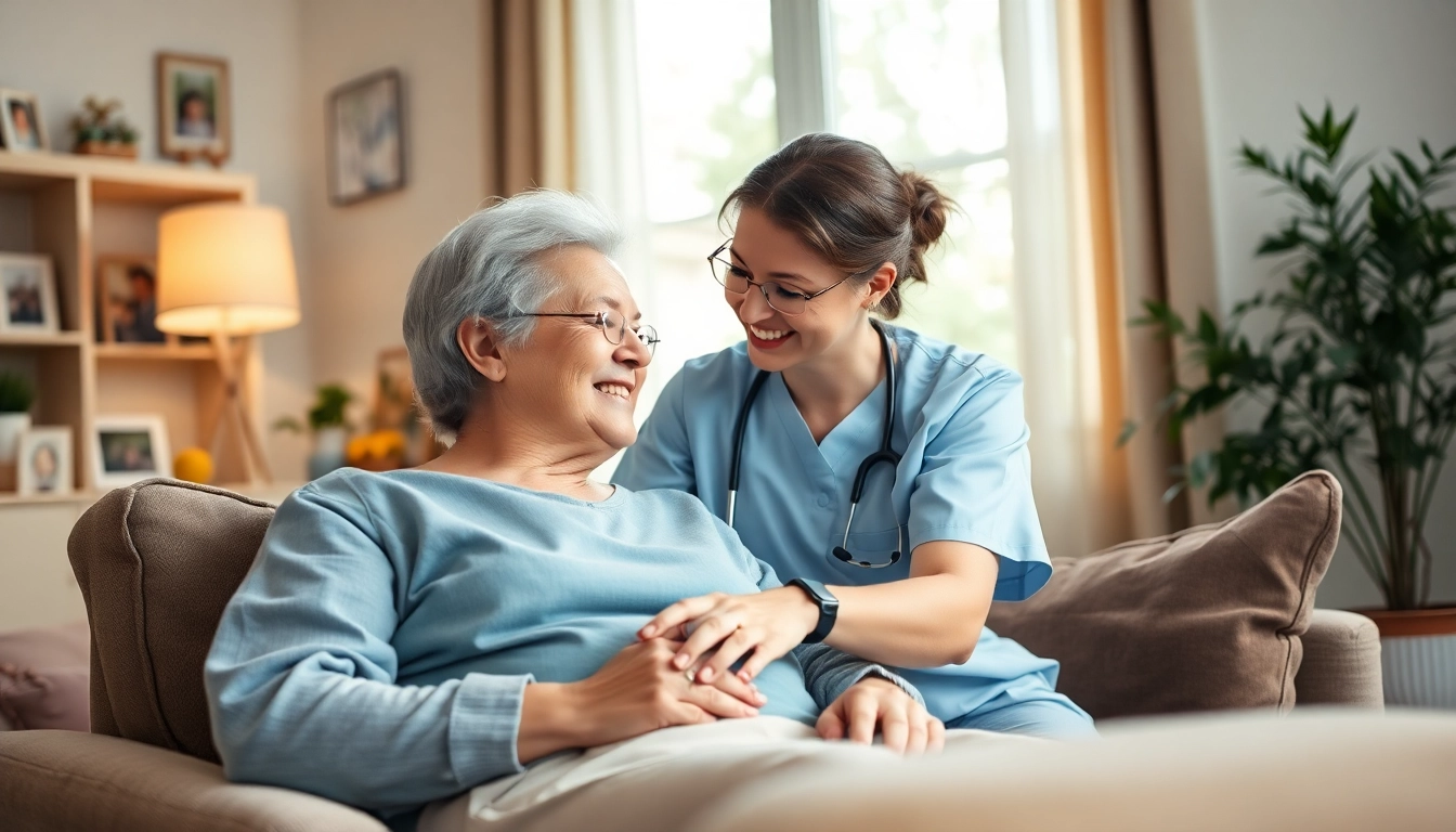 Elderly in home care near me - expert caregiver supporting a senior in a warm, cozy living room.