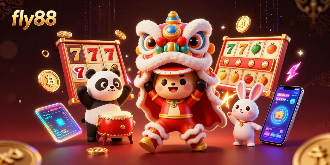 Experience the thrill of gaming with fly88's vibrant illustration, showcasing exciting slots and crypto elements.