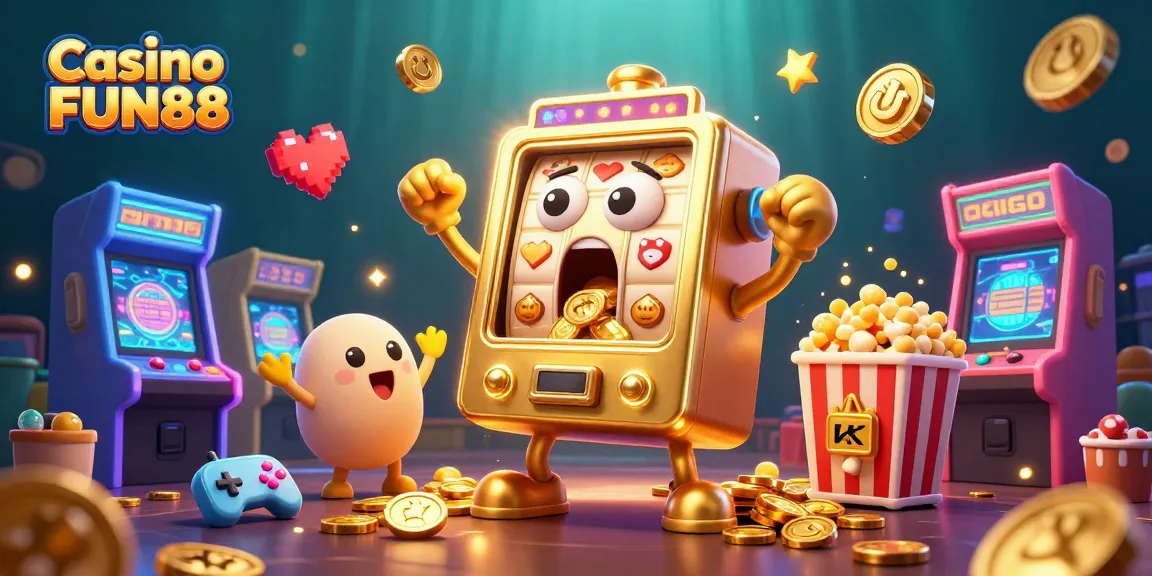 Experience the excitement of Casino FUN88 with a golden slot machine celebrating its jackpot win amid a vibrant gaming scene.