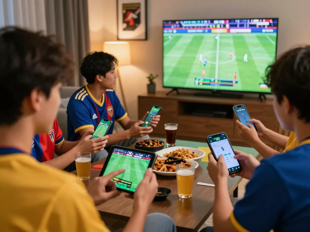 An exciting sports betting scene showcasing friends engaging with tỷ lệ kèo nhà cái 5 on their devices while watching a live game.