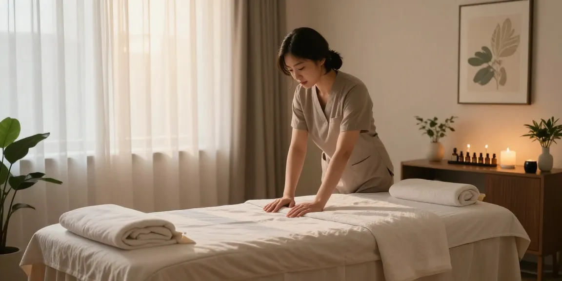 일산출장마사지 therapy session with tranquil setting and skilled therapist preparing for massage.