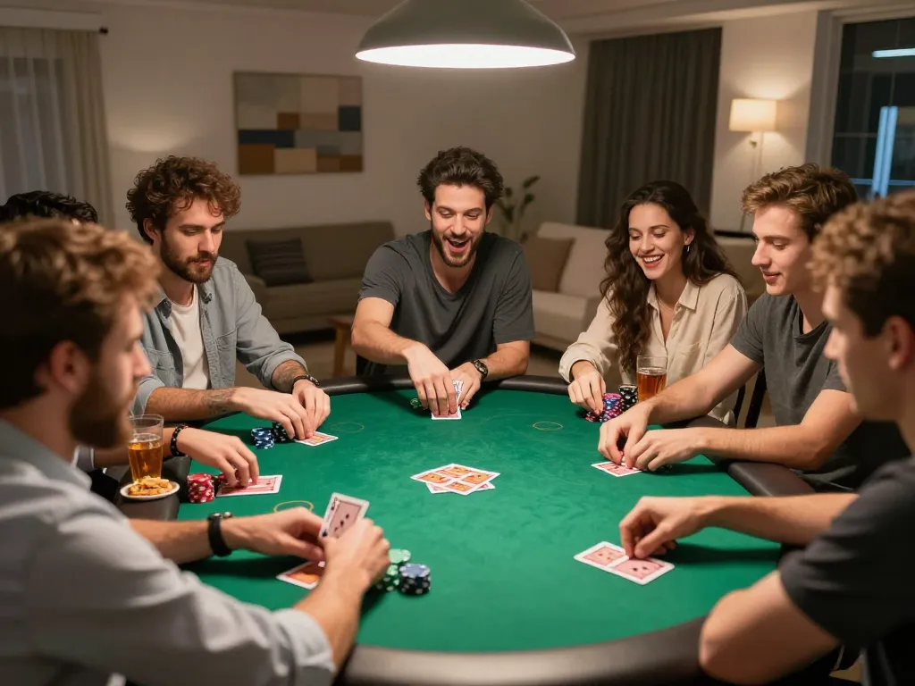 Players enjoying an engaging home poker game with strategies at stake, showcasing uu88 excitement in a friendly atmosphere.