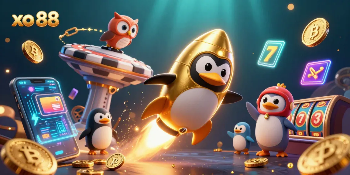 Experience the excitement of xo 88 with a rocket-powered golden penguin in a vibrant casino universe.