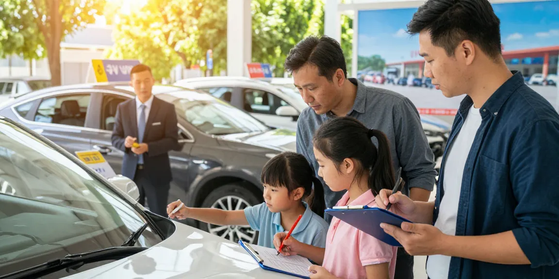 Family checking a used car's VIN lookup to uncover its history.