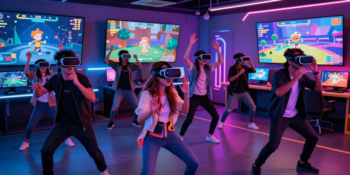 Dynamic scene of animated characters engaged in nsfw games with VR headsets.