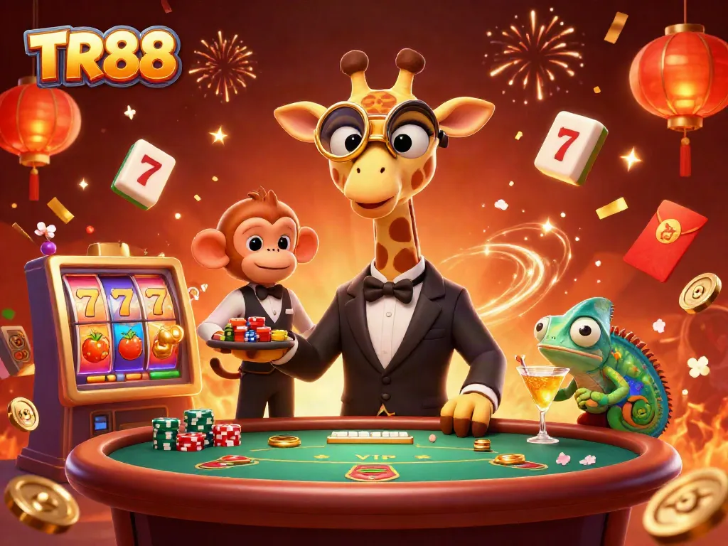 Engage in thrilling casino adventures with TR88 as a high-roller giraffe celebrates at a VIP table.
