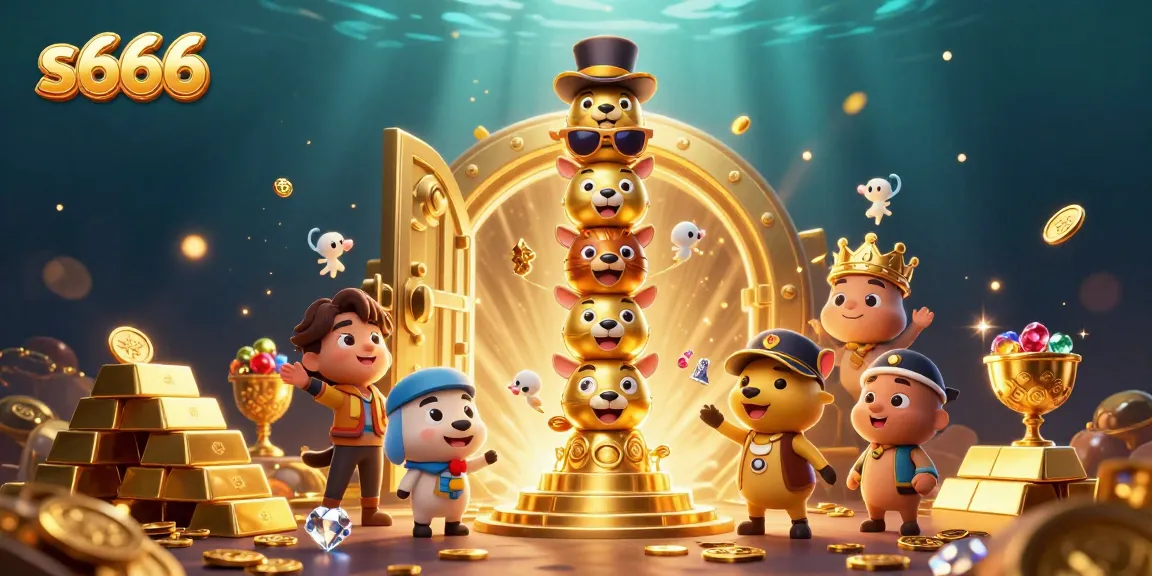 Play exciting s666 casino games, featuring a vibrant golden totem and treasure vault bursting with riches.