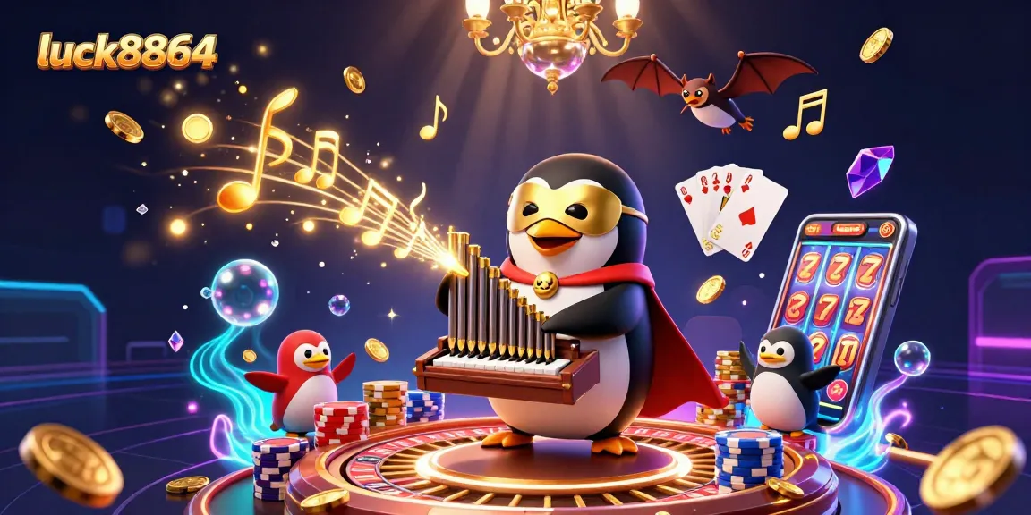 Play exciting games at luck8864 with a vibrant casino scene featuring a penguin and flying coins.