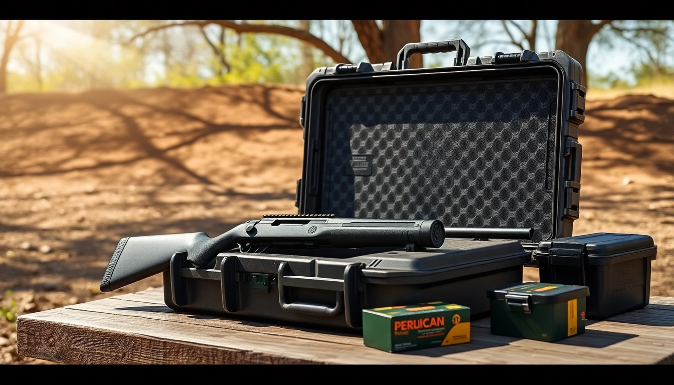 Showcasing a pelican gun case for sale with accessories, highlighting its rugged design and outdoor use.