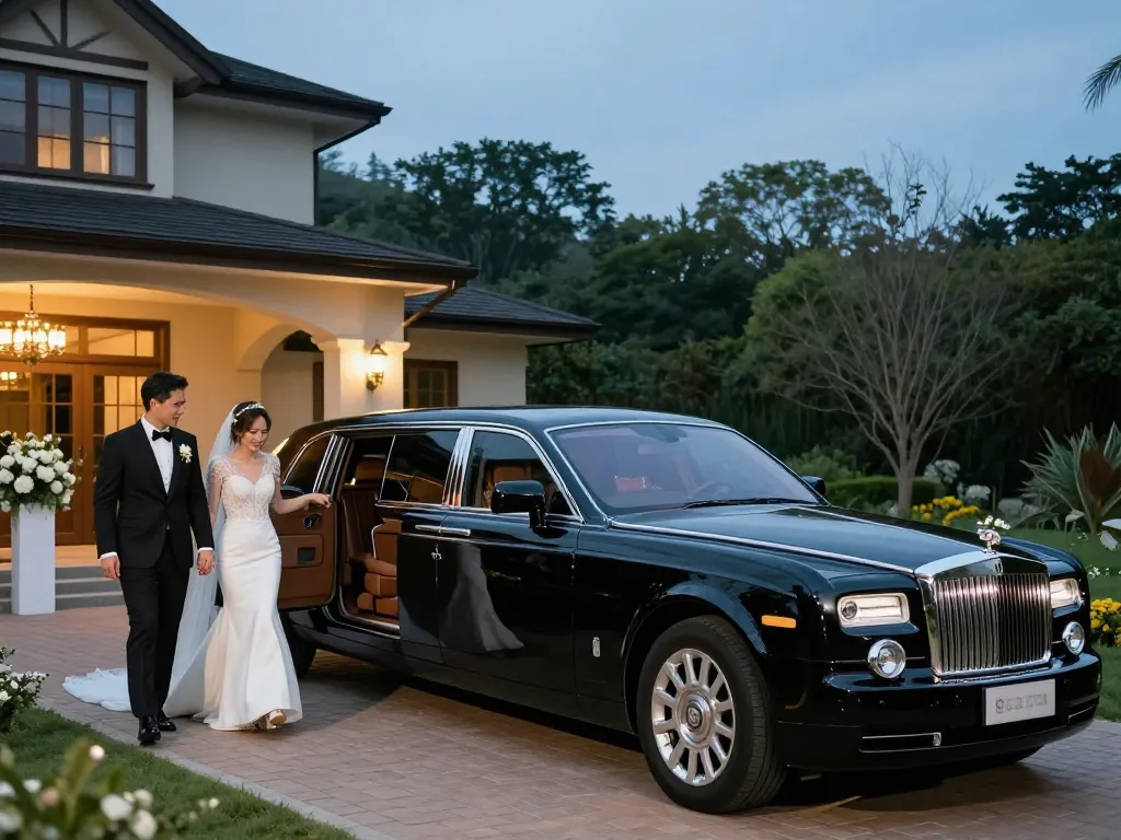 Stylish wedding limo service at a luxurious venue with a happy couple stepping out.