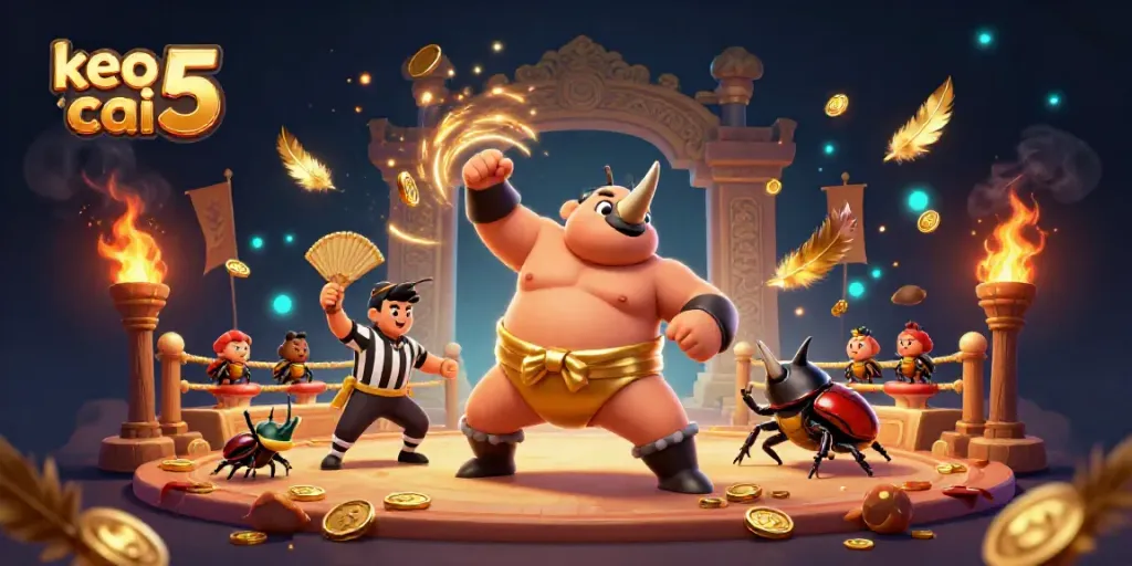 Watch keo nha cai 5 dynamic action scene with rhinoceros beetle champion amid flying coins and betting tokens.