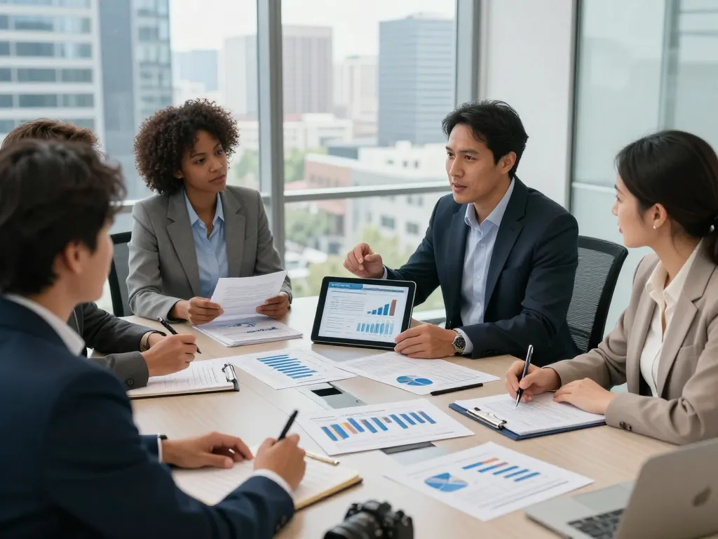 Engaging finance professionals discussing credit enhancement services in a modern office.