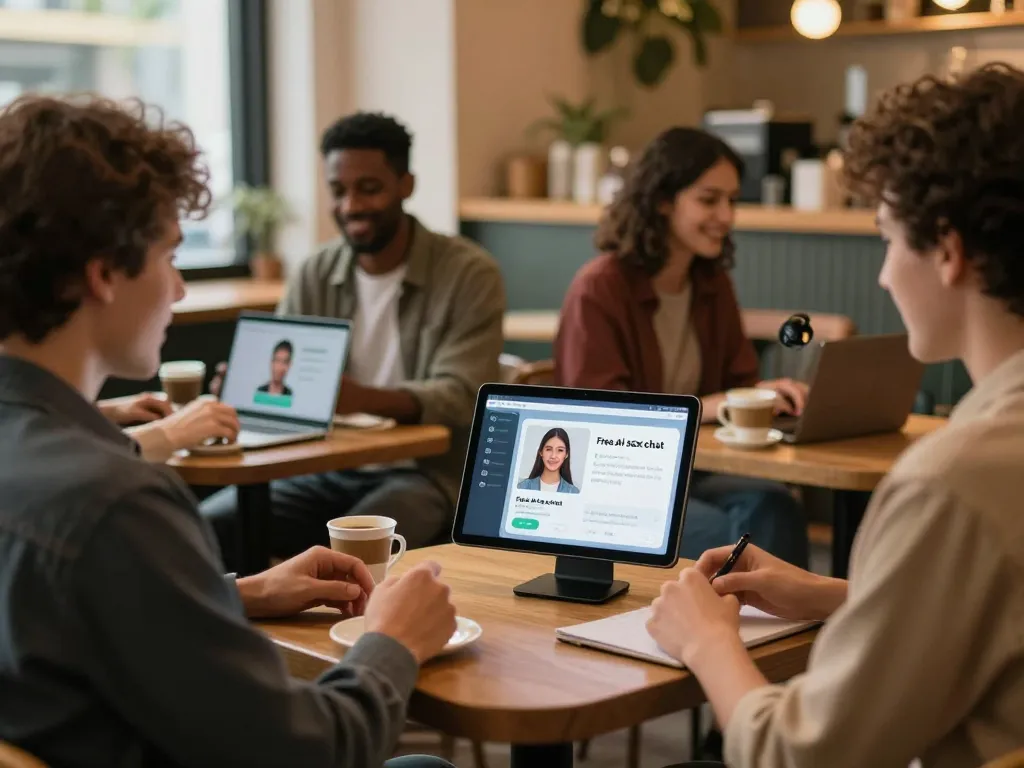 Users enjoying free AI sex chat in a cozy café, interacting with engaging AI avatars.
