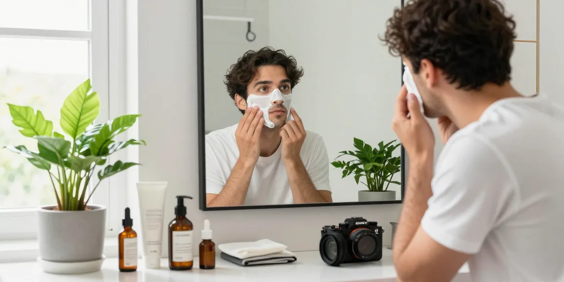Looksmaxxing skincare routine at home with grooming products and natural light.