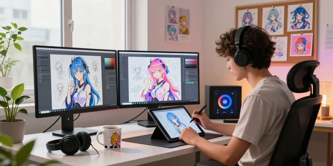 Creating ai ecchi character art in a cozy home studio with vibrant screens and natural light