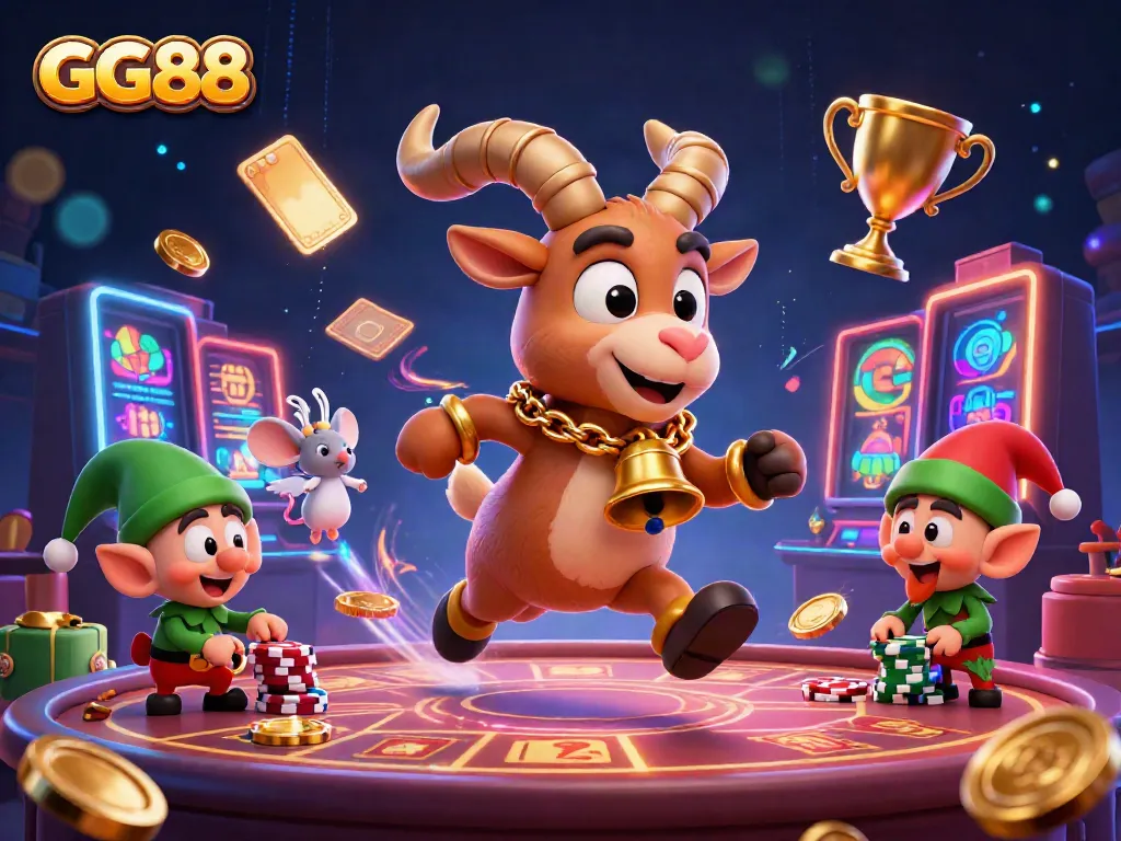 Experience GG88's thrilling casino atmosphere, featuring a festive Krampus goat and mischievous elves in action.