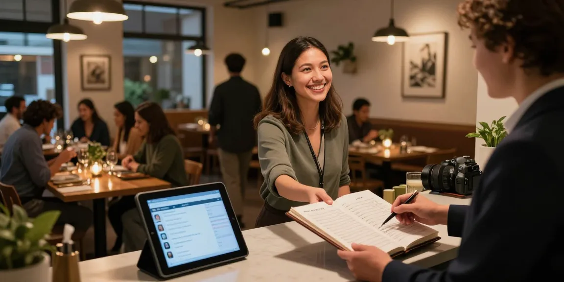 Host managing restaurant guest CRM for seamless reservations and guest experiences.